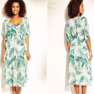 Kona Sol Green Palm Leaf Print Sheer Swim Cover-Up Dress Size M